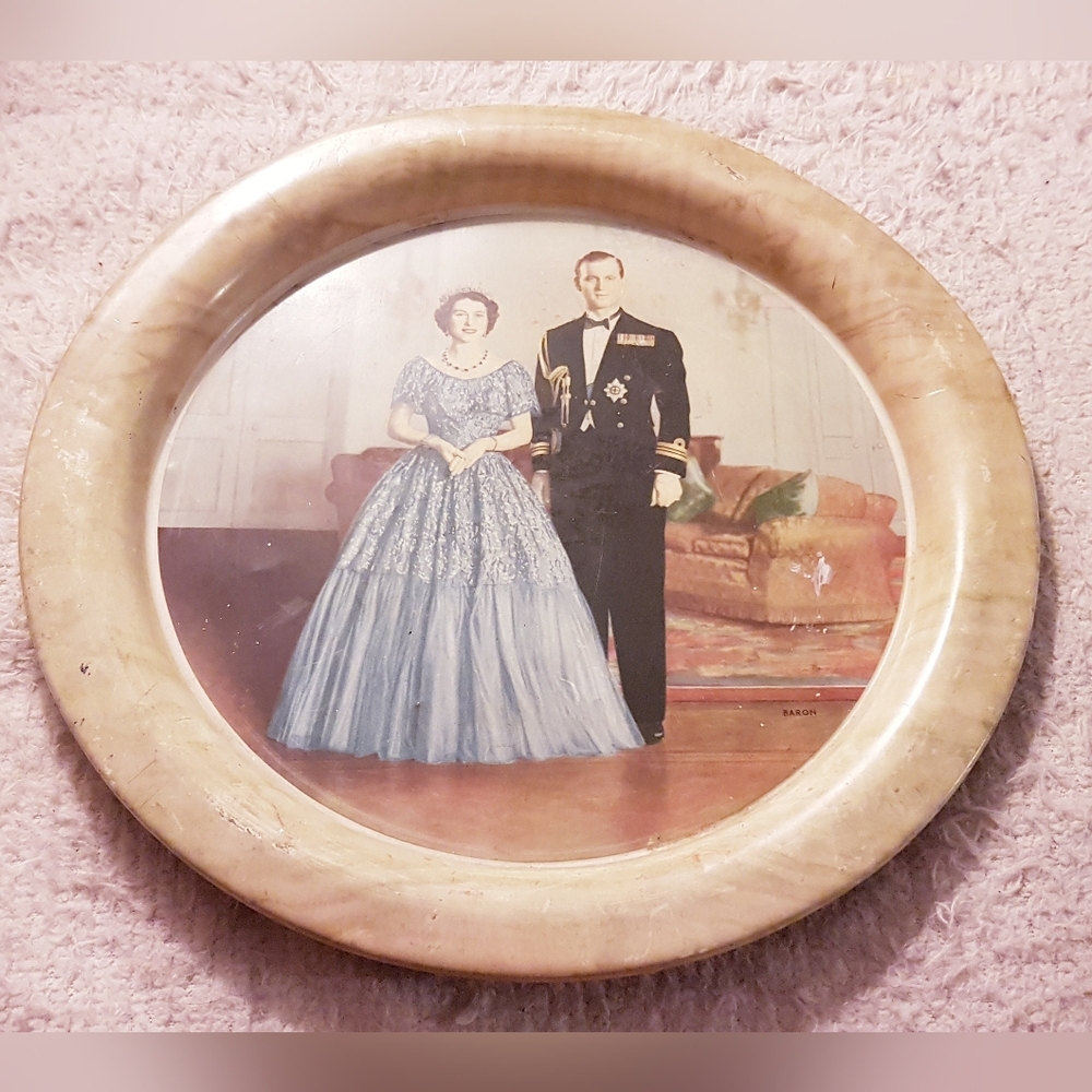 1953 Queen Elizabeth II Prince Philip Coronation Metal Tin Tray 13" Baron